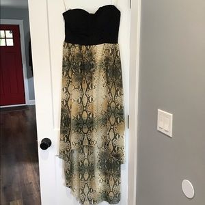 Black Lace Strapless High-Low Dress with snakeskin